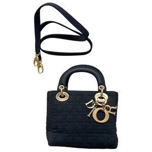 Auth LADY DIOR MINI +STRAP Black quilted silky Fabric & Gold logo charm accent